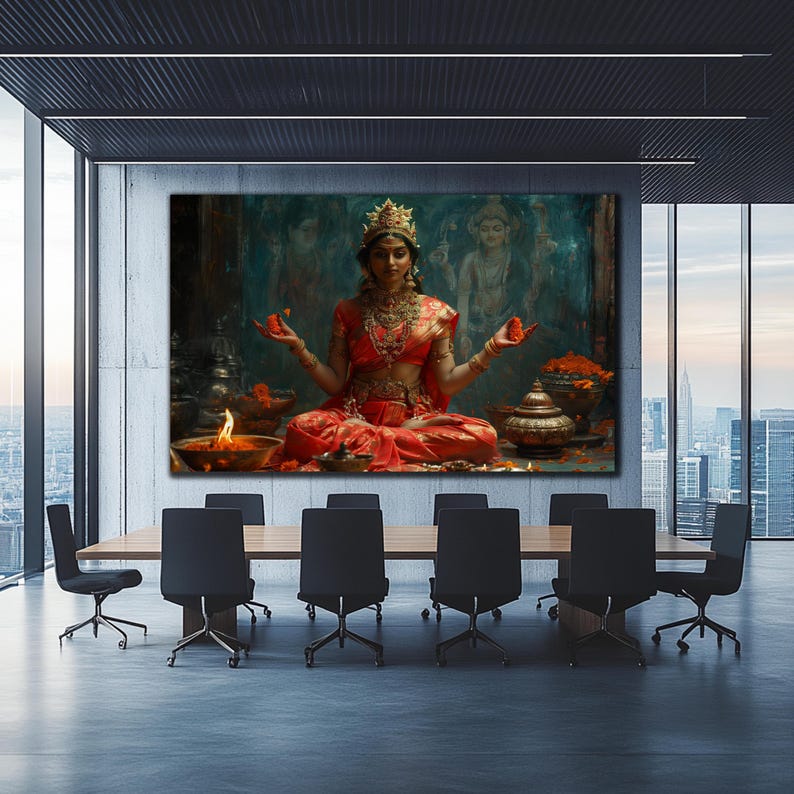 Puede incluir: Una pintura de una mujer con un sari rojo y dorado, sentada en una postura meditativa con las manos extendidas. Est&aacute; rodeada de velas y flores. La pintura tiene un fondo oscuro.