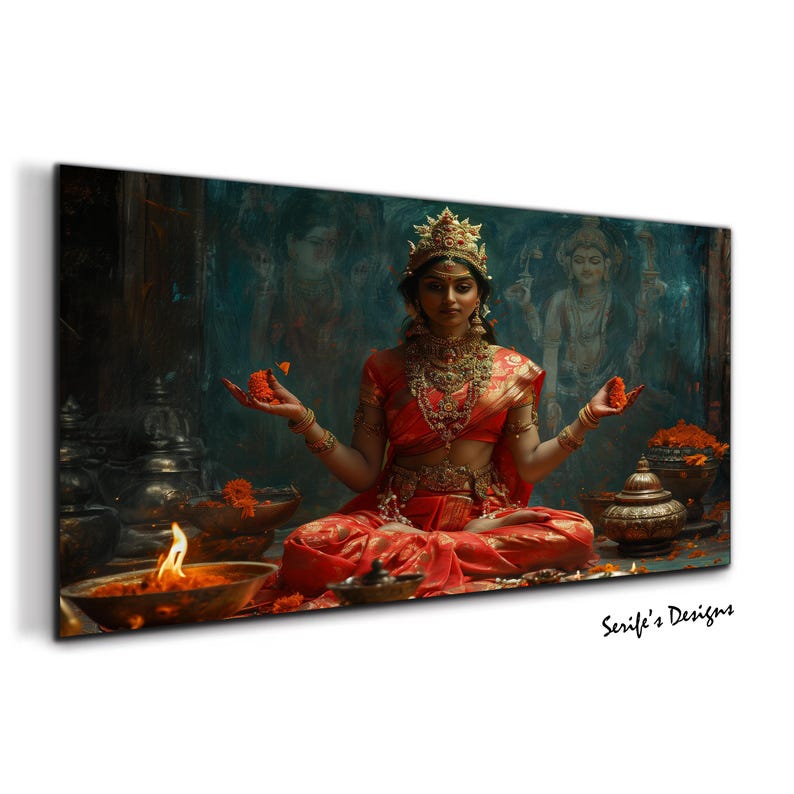 Puede incluir: Una mujer con un sari rojo y dorado se sienta en una postura meditativa con las manos extendidas, sosteniendo peque&ntilde;as flores naranjas. Lleva una corona enjoyada y joyas ornamentadas. El fondo es una pared oscura y texturizada con una pintura de una mujer en una pose similar.