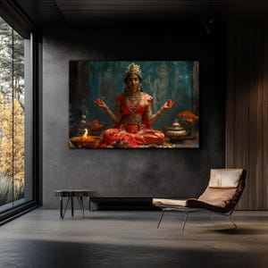 Puede incluir: Una mujer con un sari rojo y dorado se sienta en una postura meditativa con los brazos extendidos, sosteniendo una flor roja en cada mano. Est&aacute; rodeada de cuencos dorados ornamentados y flores, y un fuego arde en un cuenco en primer plano. El fondo es azul oscuro y verde, con una pintura de una mujer en una pose similar.