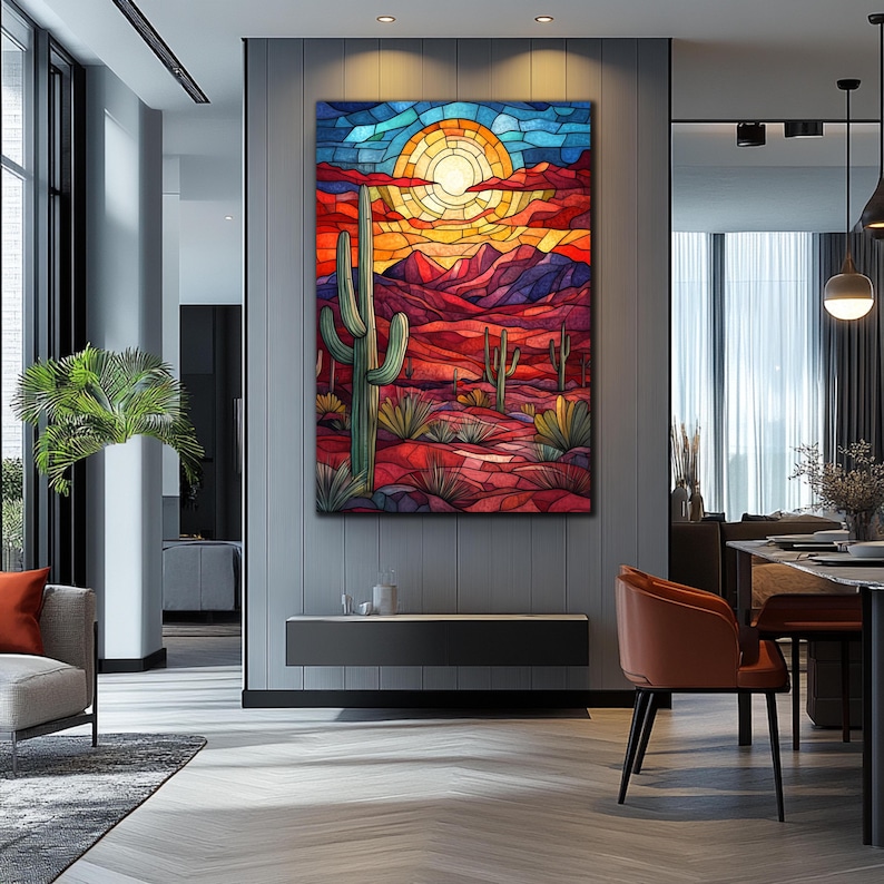 May include: A stained glass style artwork depicting a desert landscape with a large cactus in the foreground, a setting sun, and mountains in the background.