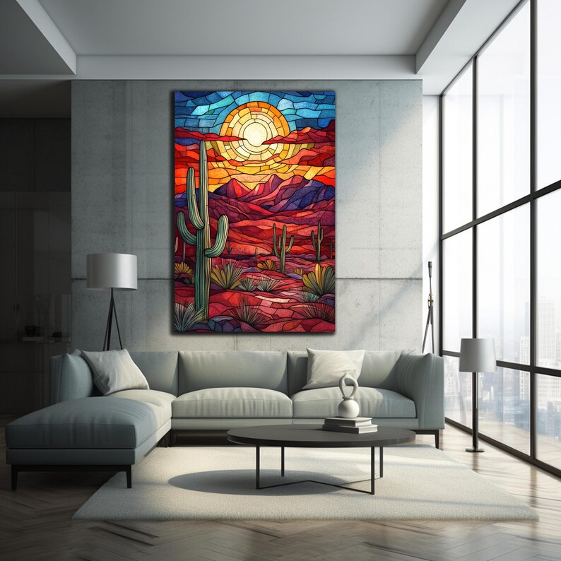 May include: A stained glass style artwork depicting a desert landscape with a large sun in the sky, red and purple mountains, and green cacti.