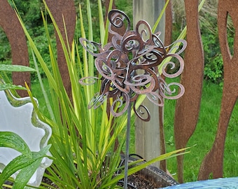 Set of 3 MEDIUM Swirl Puffs - Rusted Garden Stake comes in 26, 30, 34 inch sizes