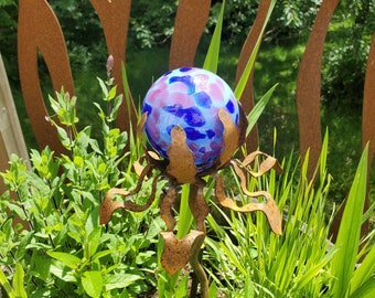 SHIP Now Garden Glass Ball - GARDEN Stake - Metal Steel Enclosure - Blue with Dark Blue and Pink spots - 18 - 26" stake