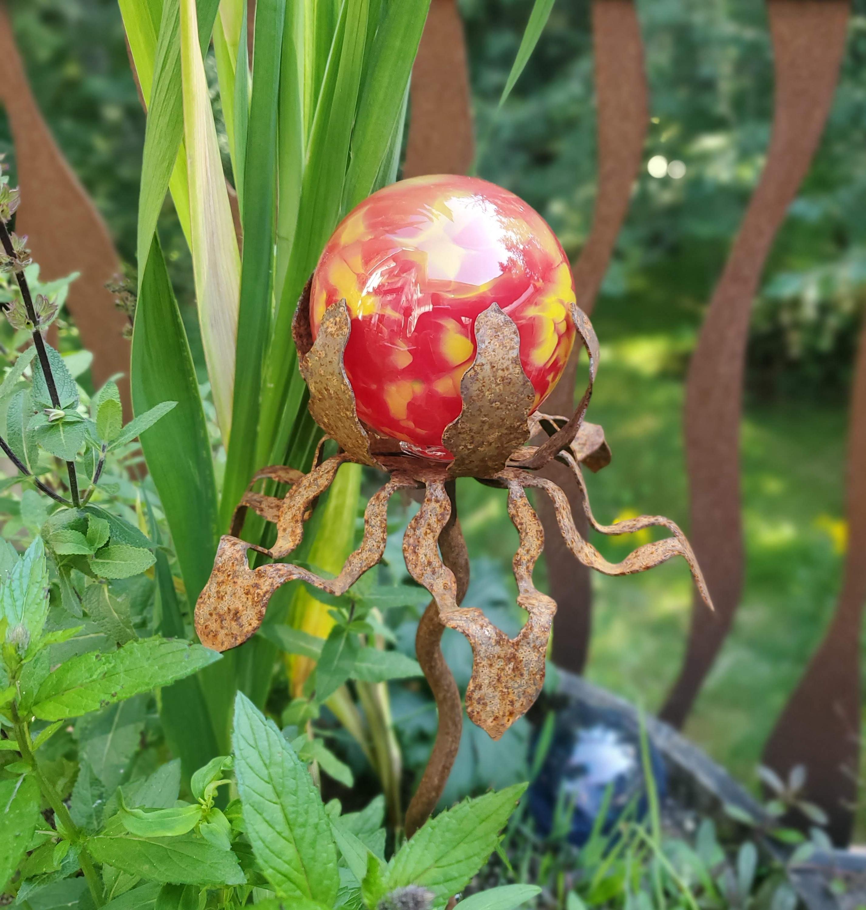 Steuben Galss ピオニー センターピースボウル 34cm 花生け SHIP Now Garden Glass Ball - GARDEN Stake - Metal Steel Enclosure