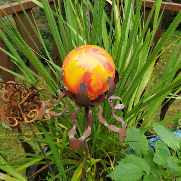 Choose your color - Garden Glass Ball - GARDEN STAKE - Metal Steel Enclosure - blown glass