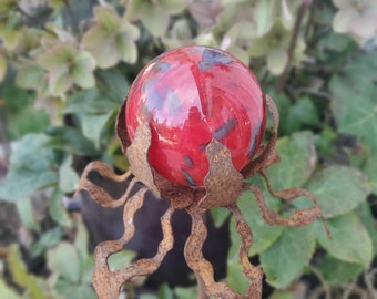 SHIP Now Garden Glass Ball - GARDEN Stake - Metal Steel Enclosure - Red with gray spots - R1 - 26" stake