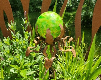 SHIP Now Garden Glass Ball - GARDEN Stake - Metal Steel Enclosure - Green Speckle  - 8 - 26" stake