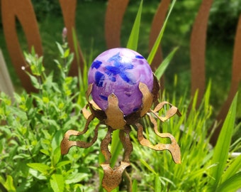 SHIP Now Garden Glass Ball - GARDEN Stake - Metal Steel Enclosure - Purple with Blue spots - 24 - 26" stake