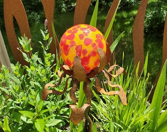 SHIP Now Garden Glass Ball - GARDEN Stake - Metal Steel Enclosure - Yellow with Red spots - 17 - 26" stake