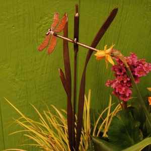 Metal Garden Stake Dragonfly Cattail and Grass