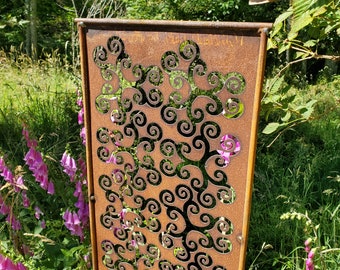 SHIP NOW - NEW Garden Panel - Recycled Steel - Metal Double Swirl - Scrap Panel - Swirl Art - Metal Art - Metal Trellis - Flower Trellis