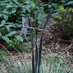 Metal Garden Stake Dragonfly Cattail and Grass