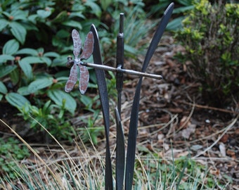 Metal Garden Stake Dragonfly Cattail and Grass