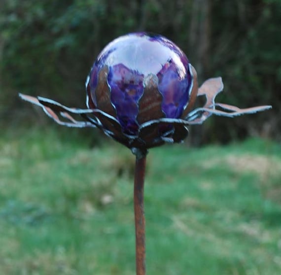 SET of 3 - Garden Glass Ball - GARDEN STAKE - Metal Steel
