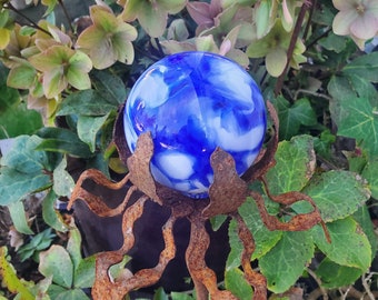 SHIP Now Garden Glass Ball - GARDEN Stake - Metal Steel Enclosure - Blue and White Tones - R6 - 26" stake