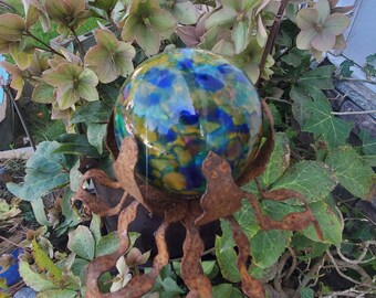 SHIP Now Garden Glass Ball - GARDEN Stake - Metal Steel Enclosure - Blue and Green Multi Tones - R10 - 26" stake