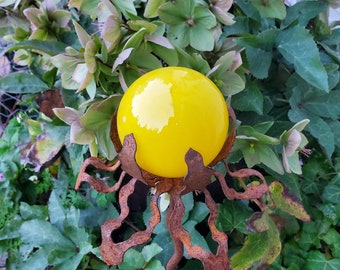 SHIP Now Garden Glass Ball - GARDEN Stake - Metal Steel Enclosure - Yellow - H3 - 26" stake