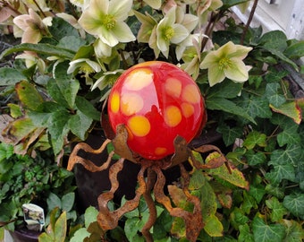 SHIP Now Garden Glass Ball - GARDEN Stake - Metal Steel Enclosure - Red with Yellow Dots - B4 - 26" stake