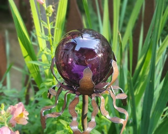 SHIP Now Garden Glass Ball - GARDEN Stake - Metal Steel Enclosure - Purple Transparent - Z3 - 26" stake