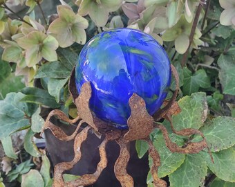 SHIP Now Garden Glass Ball - GARDEN Stake - Metal Steel Enclosure - Blue Tones with a little gold - R9 - 26" stake