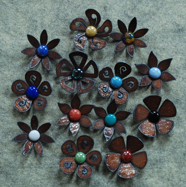 SALE - Set of 6 - Flower Magnets Steel Metal Glass  - 6 FOR 30.00