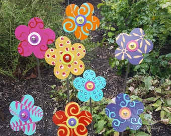 NEW Set of 3 -  Button Flowers - Painted metal flowers with layers