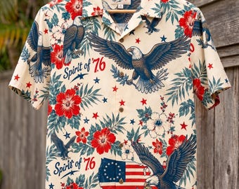 America 250 Patriotic Hawaiian Shirt, Vintage 1776 4th of July Button Down, Bald Eagle Spirit of 76 Mens Summer BBQ Aloha