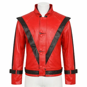 Chaqueta de cuero roja de Michael Jackson de Thriller, abrigo de motero de estrella del pop de los 80