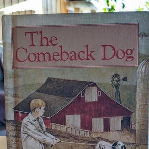 May include: The cover of "The Comeback Dog" shows a boy with a dog near a red barn, a windmill, and a silo. The book's title is displayed in red, with the author's name, Jane Resh Thomas, and drawings by Troy Howell.