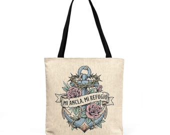 Woven Tote Bag with Anchor and Roses Design, Comfortable Cotton Straps