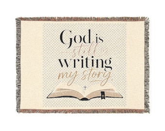 Woven Cotton Blanket: God is Still Writing My Story, Colorful Fringe Christian Decor