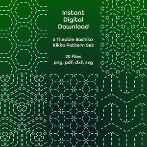 Può includere: Un set di download digitale con 5 motivi Sashiko Kikko affiancabili in bianco su uno sfondo sfumato verde scuro. Il testo recita: Instant Digital Download, 5 Tileable Sashiko Kikko Pattern Set, 20 Files, png, pdf, dxf, svg.