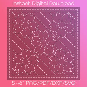 May include: Digital download featuring a floral design with dashed lines, set against a gradient pink background. The text "Instant Digital Download" is at the top, and "S ~6" PNG/PDF/DXF/SVG" is at the bottom. The design includes diagonal lines and flower shapes.