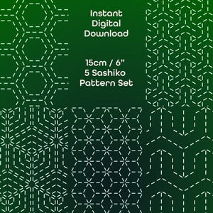Könnte beinhalten: Fünf digitale Sashiko-Muster in einem Set. Die Muster sind 15 cm quadratisch und werden auf einem grünen Hintergrund angezeigt. Der Text "Sofortiger digitaler Download" und "15 cm / 6" 5 Sashiko-Muster-Set" ist im Bild enthalten.
