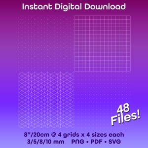 Może przedstawiać: Szablony graficzne do pobrania cyfrowego z białymi wzorami siatki na fioletowym tle gradientowym. Obraz zawiera tekst "Natychmiastowe pobieranie cyfrowe" i "48 plików!" ze szczegółami rozmiaru: 20 cm @ 4 siatki x 4 rozmiary każdy, 3/5/8/10 mm, PNG, PDF, SVG.
