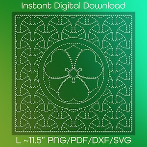 May include: A digital download design with a green gradient background. The design features a white, stitched-style pattern with a central floral motif and a repeating geometric pattern. Text at the top reads "Instant Digital Download". The size is approximately 29.2 cm.