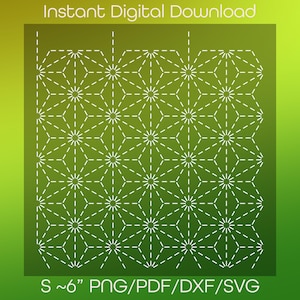 May include: A digital download featuring a geometric pattern of white dashed lines on a green background. The design includes star-like shapes and hexagonal patterns. The text "Instant Digital Download" is at the top, and "S ~6" PNG/PDF/DXF/SVG" is at the bottom.