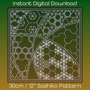 May include: A digital download of a 30cm Sashiko pattern featuring a geometric design with white stitching on a green background.