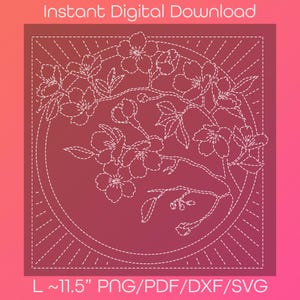 Könnte beinhalten: Digitaler Download mit einem floralen Design aus Kirschblüten und Blättern, umrandet mit weißen Stichen auf einem roten Farbverlauf. Der Text "Instant Digital Download" steht oben und "L ~29.2 cm PNG/PDF/DXF/SVG" unten.