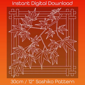 Japanese Maple (Momiji) - Large - 30cm / ~12&quot; Square - Original printable Japanese sashiko pattern with stitches, download, 刺し子, 紅葉