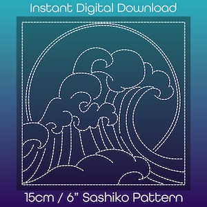 May include: A digital download pattern for a 6-inch Sashiko wave design. The pattern is outlined in white stitching on a blue gradient background.
