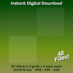 May include: Digital download graphic with four grid patterns: dotted, square, and isometric in a green gradient background. Text includes "Instant Digital Download" and "48 Files!" with size and file type details: 10"/25cm, PNG, PDF, SVG.