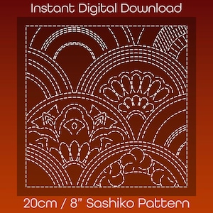 May include: A white dashed line Sashiko pattern on a brown background. The pattern is 8 inches or 20 centimeters square and features a repeating design of curved lines and flower shapes.