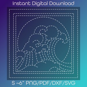 May include: Digital download featuring a white, dashed-line illustration of a wave within a square frame. The design includes the text "Instant Digital Download" at the top and "S ~6" PNG/PDF/DXF/SVG" at the bottom. The background has a gradient of blue and teal.