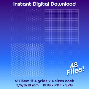 Puede incluir: Gráfico de descarga digital con un fondo degradado azul. La imagen presenta cuatro patrones de cuadrícula: una cuadrícula de puntos, una cuadrícula cuadrada y una cuadrícula isométrica. El texto incluye "Descarga digital instantánea" y "¡48 archivos!" con detalles de tamaño de cuadrícula: 15 cm.