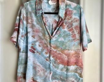 Ice-Dyed Crinkled Viscose Blouse: Hand-dyed Watercolor Effect, Geode, Relaxed Fit