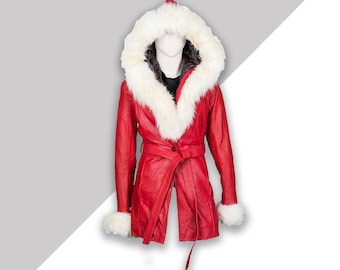 Handmade Mrs. Santa Red Leather Jacket: Faux Fur Hooded Christmas