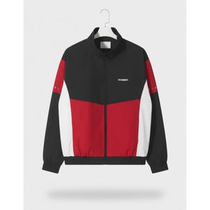 May include: A black, red, and white track jacket with a full zip and a stand-up collar. The jacket features a colour-block design with black on top, red in the middle, and white on the sides. The text "STR GARMENTS" is printed on the chest.