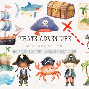 Aquarell Piraten Clipart Bundle | Pirat und Schiffe Printable | Digitaler Download | PNG | Kinderzimmer Dekor | Babyparty