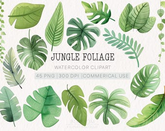 Watercolor Clipart Jungle Foliage | Tropical Leaf Graphics | Commercial Use | 45 PNG Files | 300 DPI | Instant Download | Botanical Clipart